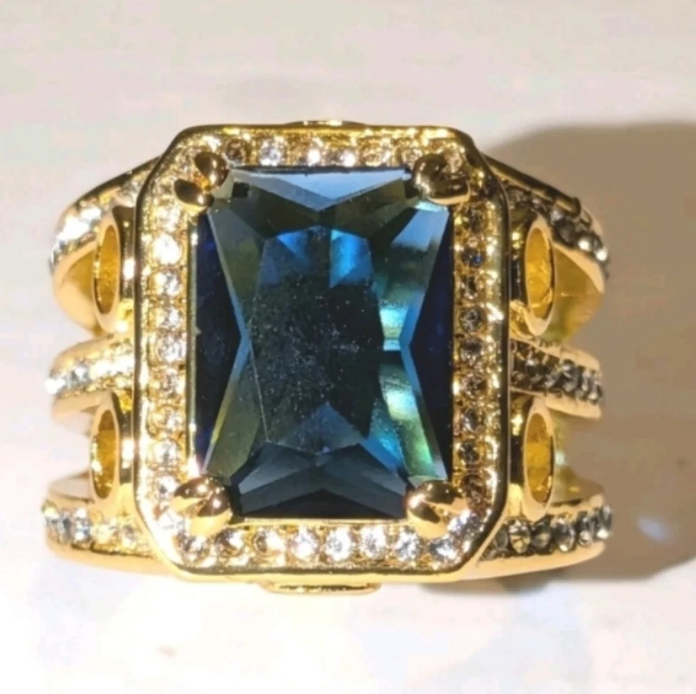 8ct Emerald Lab Created Blue Sapphire Mens Wedding Ring 14k Yellow Gold Plated11